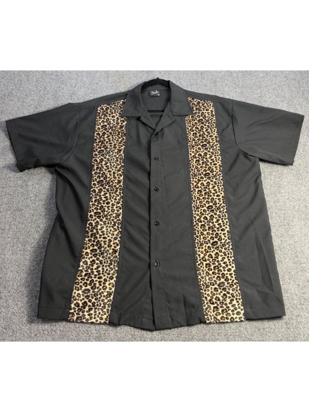Sivle Mens Short Sleeve Button-Up Bowling MCM Shirt With Leopard Print Panels